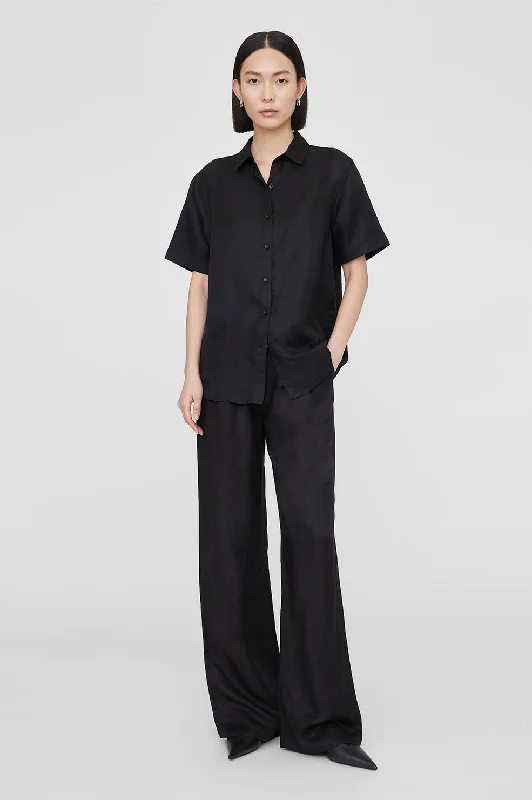 Bruni Shirt - Black Linen Blend Cozy Plain Short Sleeve
