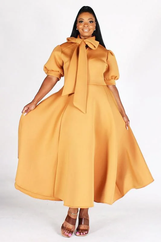 BUBBLE SLEEVE, NECK BOW, FIT AND FLAIR MIDI DRESS Fashionable High-Low Midi Dress