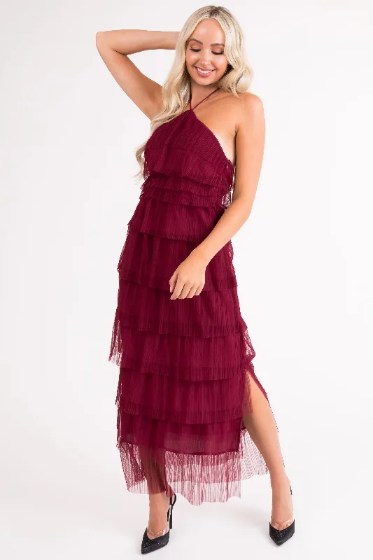Burgundy Halter Tiered Pleated Tulle Midi Dress Comfortable Wrap Midi Dress