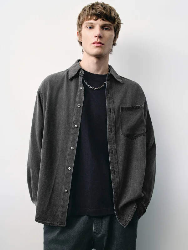 Button Up Loose Denim Shirt Modern Fit Short Sleeve