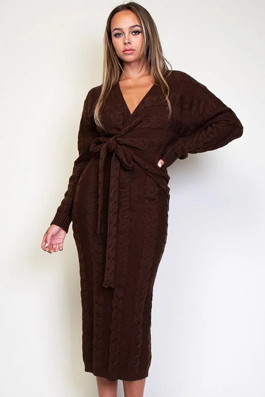 CABLE KNITTED V NECK WRAPPED MIDI DRESS Stylish Off-Shoulder Ruffle Dress