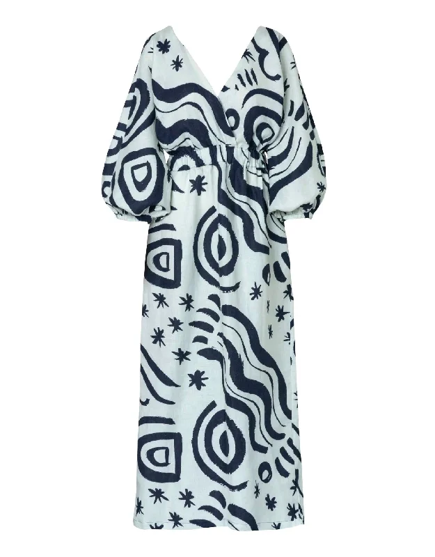 Lamia Linen Midi Dress, Wayuu Cream Print Comfortable Casual Midi Dress