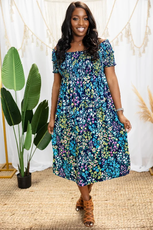 Cascading Floral - Midi Dress Fashionable One-Shoulder Midi Dress