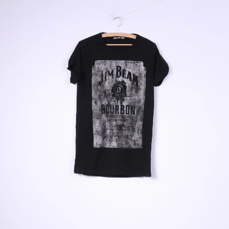 Cedar Wood State Jim Beam Women L Shirt Black Cotton Graphic Bourbon Top Cozy Striped Short Sleeve