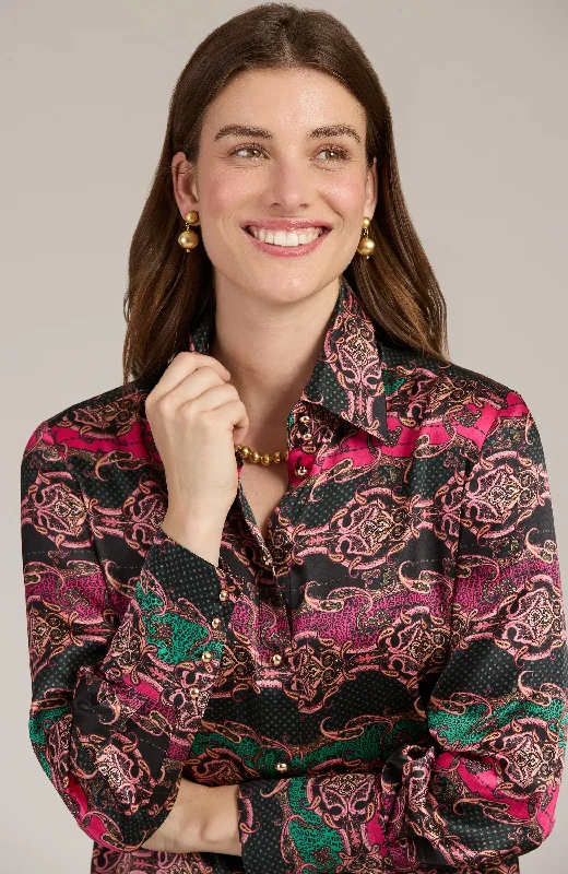 Chloe Silk Animal Paisley Shirt - Animal Paisley Fashionable Short Sleeve Shirt