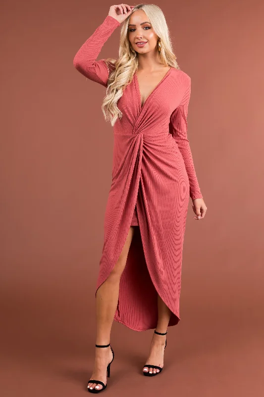 Chloe Marsala Long Sleeve Twist Knot Midi Dress Trendy Flared Sleeve Midi Dress