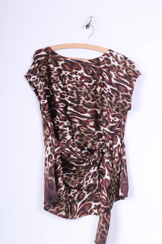 Clements Ribeiro Portobello Womens M 12 38 Shirt Tunic Blouse Animal Leopard Print Sleeveless Brown Elegant Off-Shoulder Short Shirt