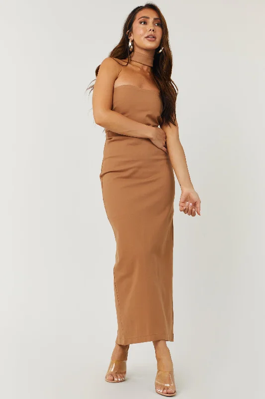 Cognac Racerback Mock Neck Strapless Midi Dress Fashionable One-Shoulder Midi Dress
