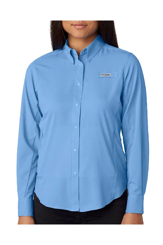 Columbia Womens Tamiami II Moisture Wicking Long Sleeve Button Down Shirt w/ Double Pockets - White Cap Blue Fashionable Pleated Short Shirt