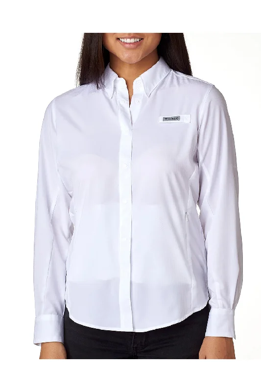 Columbia Womens Tamiami II Moisture Wicking Long Sleeve Button Down Shirt w/ Double Pockets - White Soft Silk Short Sleeve