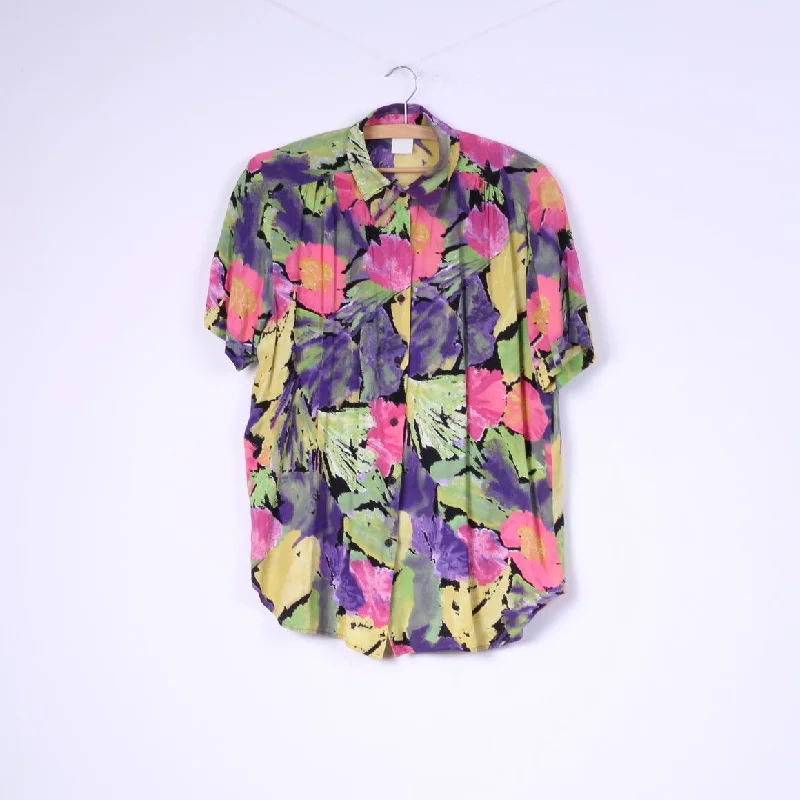 Vintage Womens 44 XL Casual Shirt Viscose Multicolor Floral Print Shoulder Pads Comfortable Short Sleeve Blouse