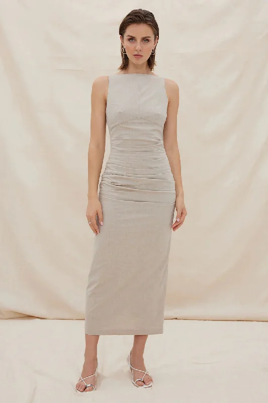 Sovere - Tova Midi Dress in Cafe Latte Trendy Long Sleeve Midi Dress