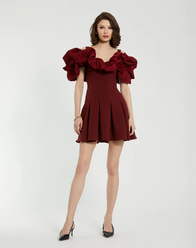 Crepe Godet Hem Mini Dress With Faille Ruffle Elegant Off-Shoulder Dress Mini