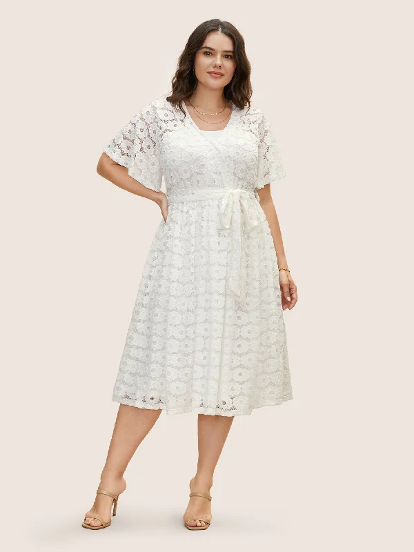 Crochet Lace Mesh Belted Midi Dress Comfortable Lace-Up Midi Dress