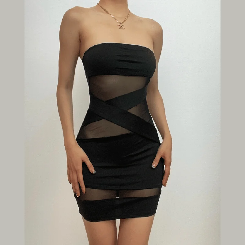 Cross front solid mesh backless patchwork tube mini dress Chic Bohemian Mini Dress