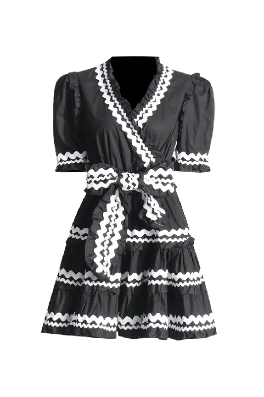 Cute Contrast Ric Rac V Neck Puff Sleeve Belted Ruffle Tiered Mini Dress Trendy Mesh Mini Dress