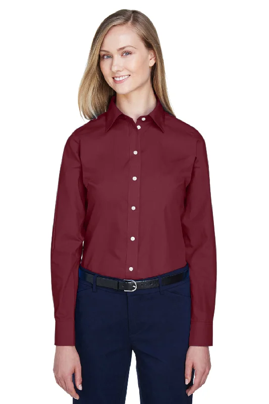 Devon & Jones Womens Crown Woven Collection Wrinkle Resistant Long Sleeve Button Down Shirt - Burgundy Trendy Tie-Front Short Shirt