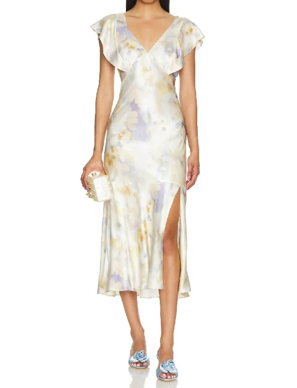 Dina Midi Dress In Diffused Blossom Chic Off-Shoulder Midi Dress