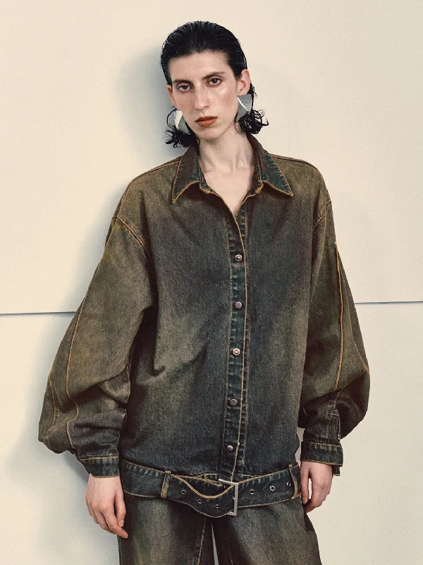 Distressed Loose Denim Shirt Fashionable Tied Short Sleeve
