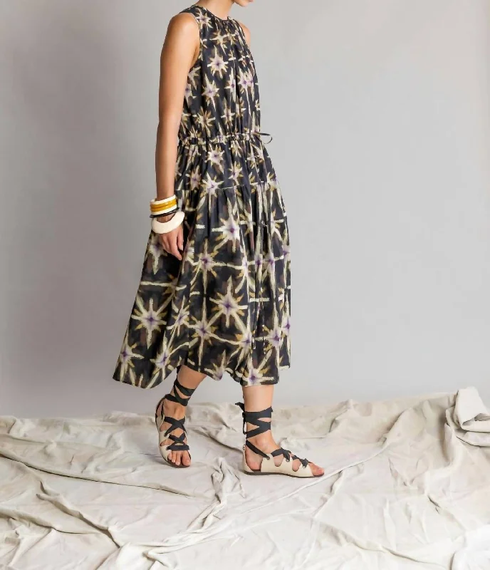 Dress In Cotton Ikat Print Midi Dress In Plum Fashionable Casual Midi Dress
