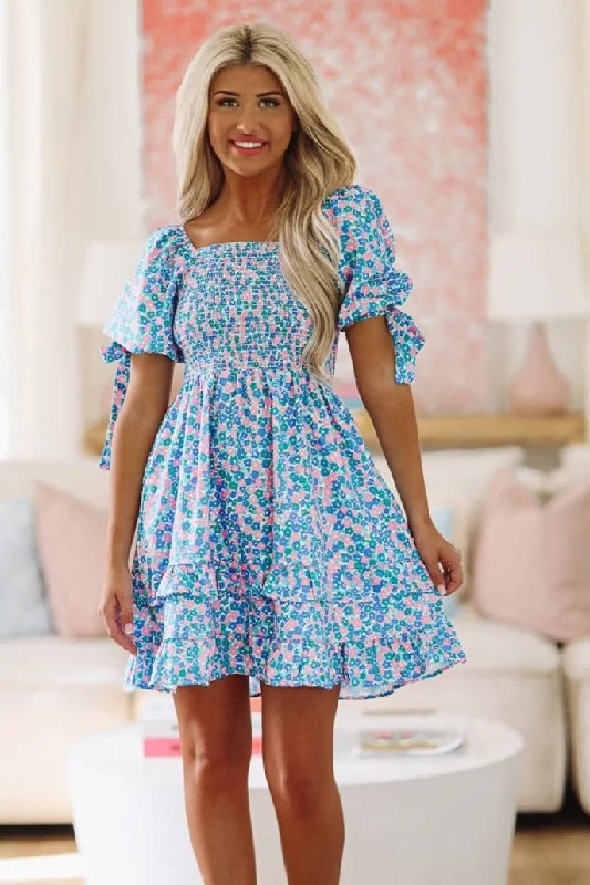 East Bay Mini Dress - Blue , Pink and Green Cozy Wraparound Mini Dress