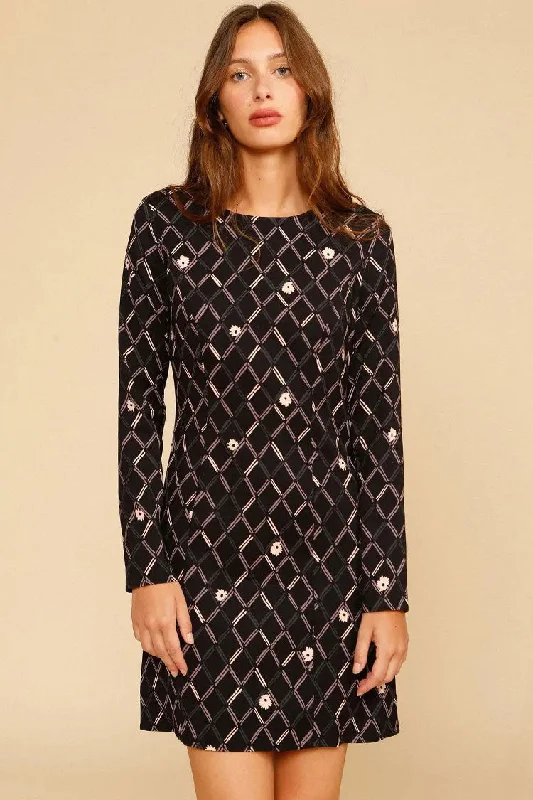 Elegant Argyle Floral Print French Long Sleeve Mini Dress - Black Comfortable Zip-Up Mini Dress