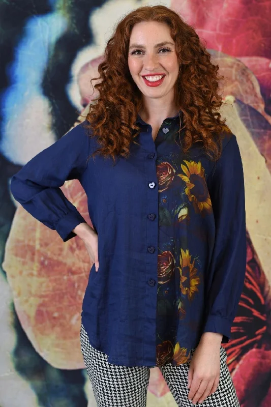 Elsie Sunflower Linen Shirt - Navy | SALE Trendy Tie-Front Short Shirt