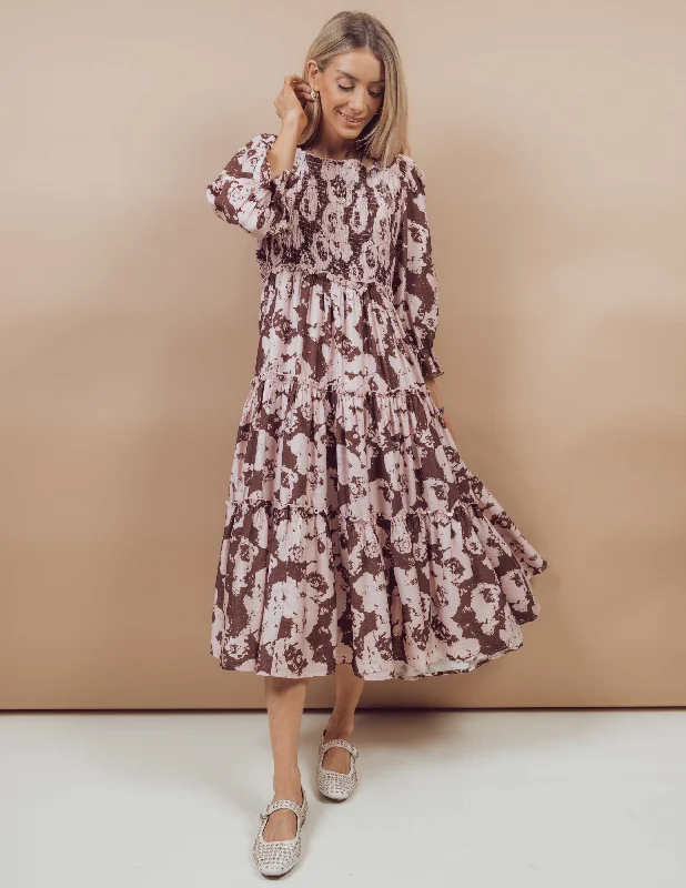 Esther Tiered Midi Dress Elegant Floral Appliqué Midi Dress