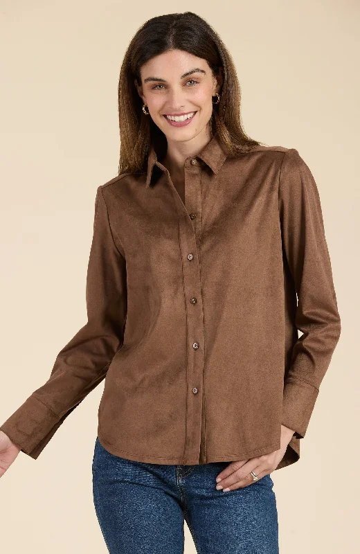 Faux Suede Club Shirt - Brunette Cozy Striped Short Sleeve