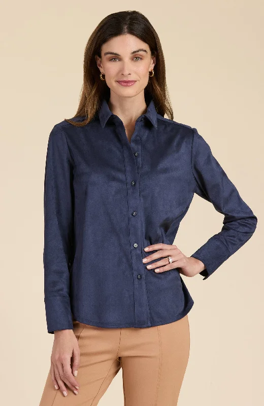 Faux Suede Club Shirt - Navy Classic Casual Short Sleeve