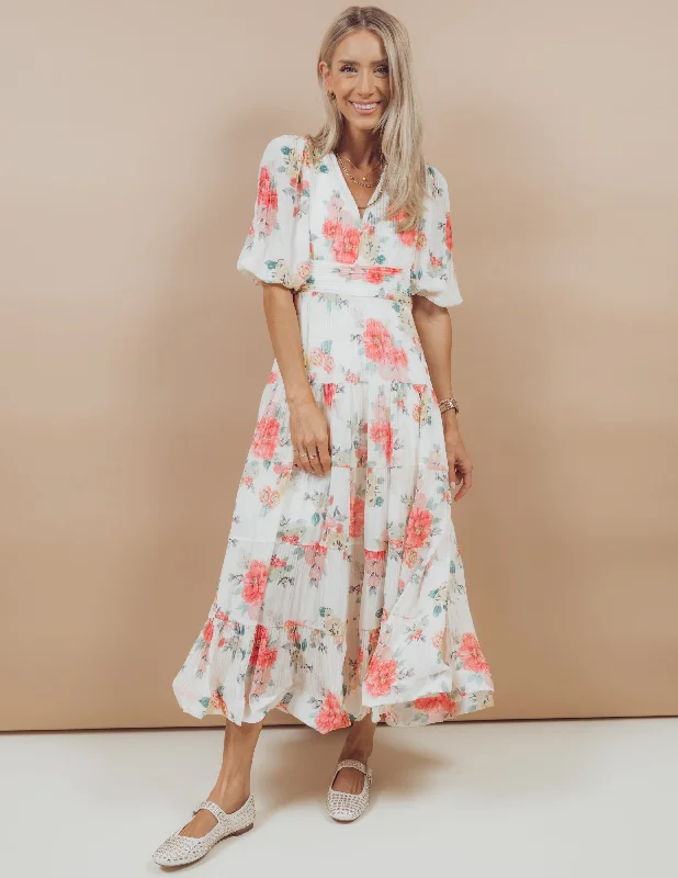 Floral Fantasy Midi Dress Trendy Smocked Detail Midi Dress