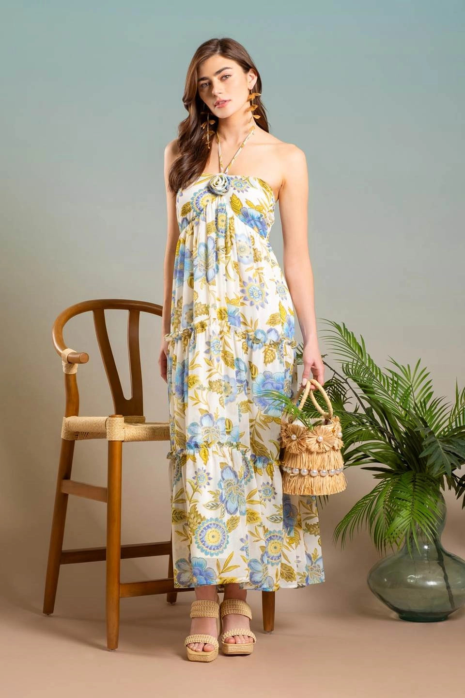 Floral Rosette Halter Midi Dress Trendy Smocked Detail Midi Dress
