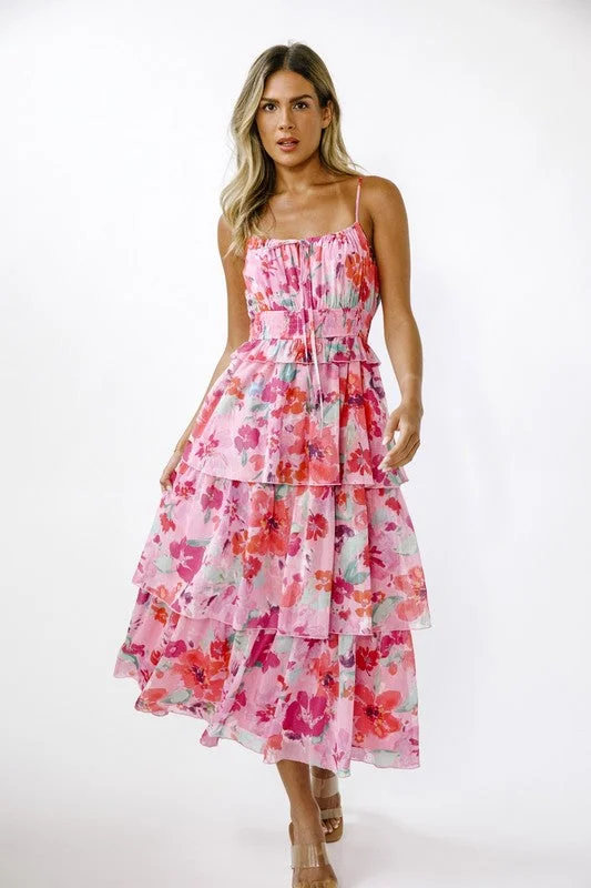 Floral Ruffle Layered Midi Dress Chic Off-Shoulder Midi Dress