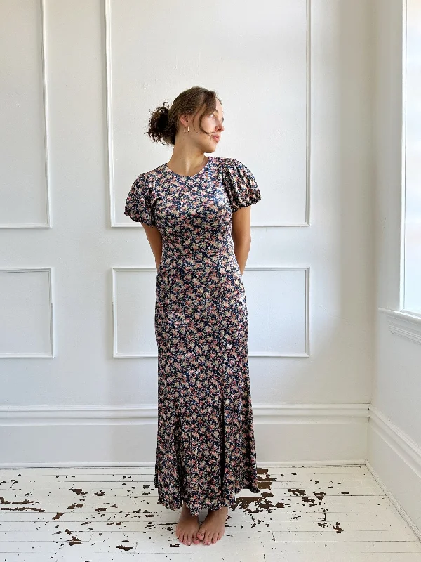 Floral Velvet Puff Sleeve Midi Dress Classic Black Midi Dress
