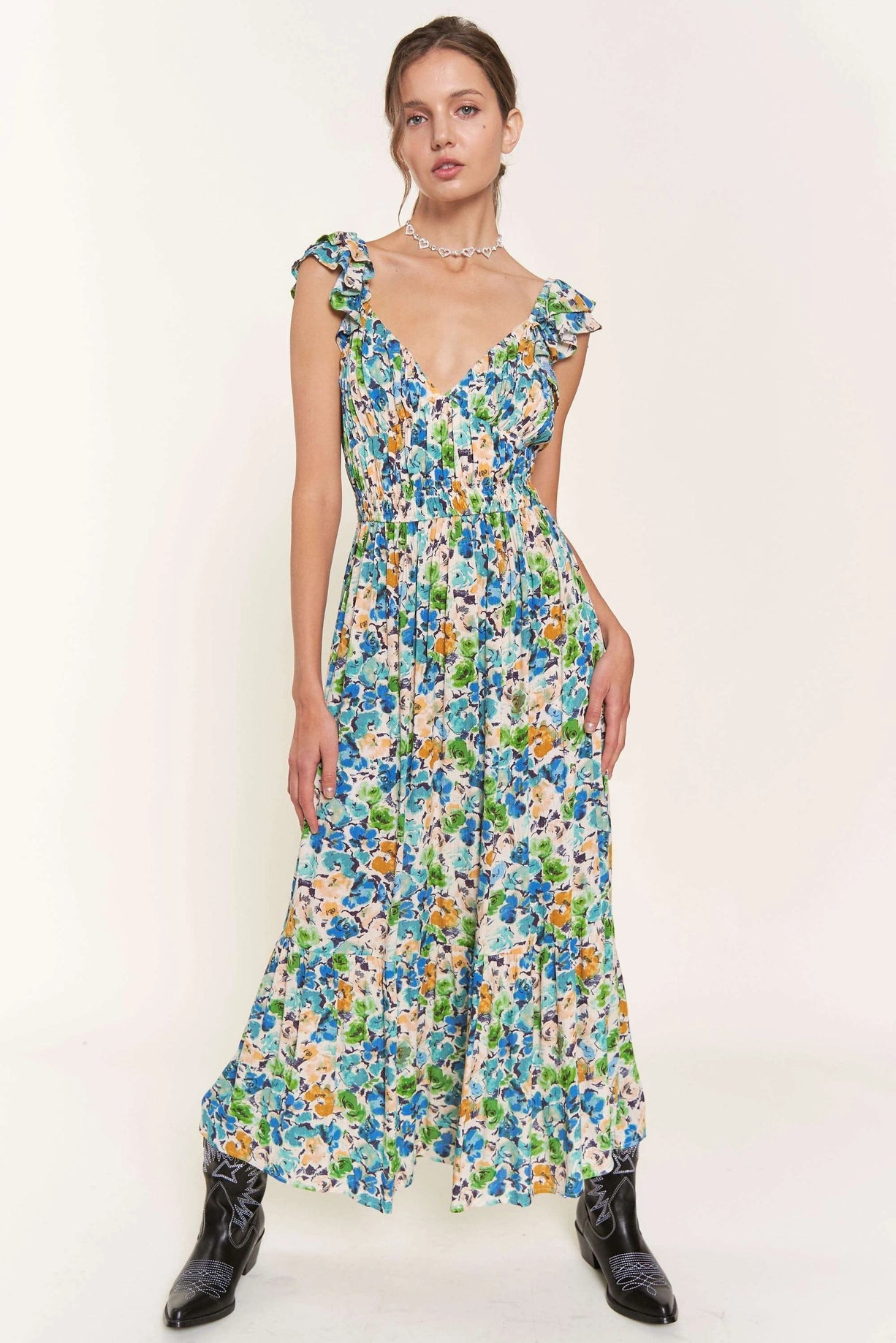 Flower Blu Midi Dress Trendy Fit-and-Flare Midi Dress