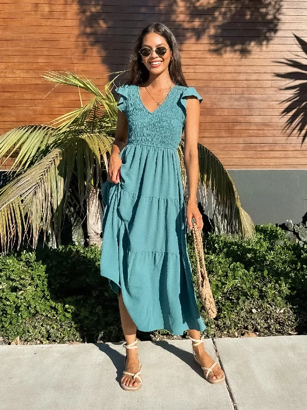 On the Town Midi Dress in Teal Comfortable Floral Print Midi Dress