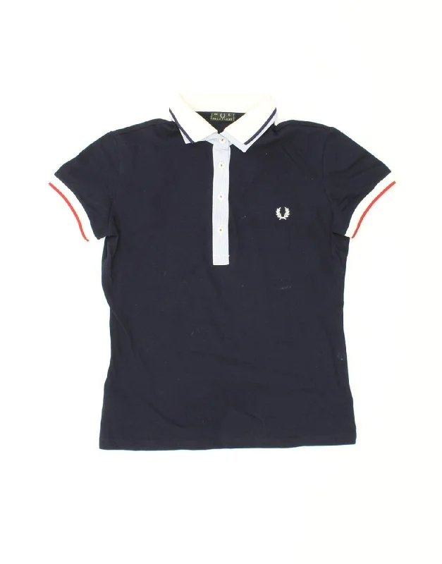 FRED PERRY Womens Polo Shirt UK 14 Large Navy Blue Cotton Chic Silk Short Sleeve Shirt