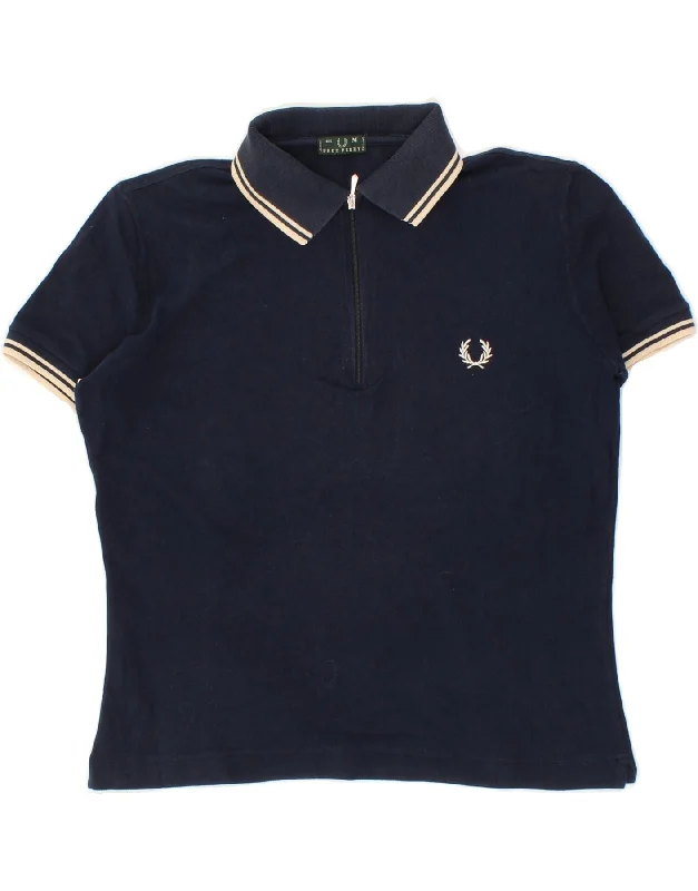 FRED PERRY Womens Polo Shirt UK 14 Medium Navy Blue Cotton Elegant Button-Down Short Shirt