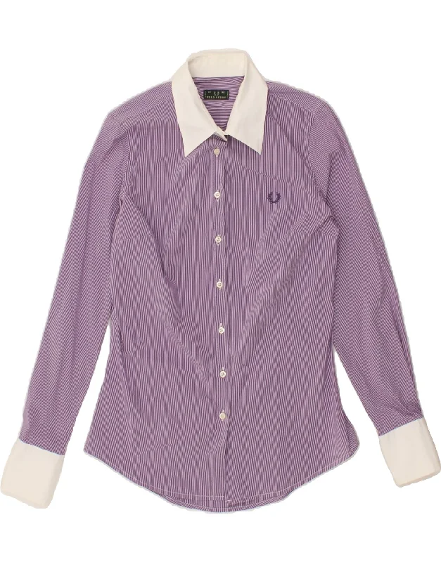 FRED PERRY Womens Shirt UK 12 Medium Purple Pinstripe Cotton Fashionable Short Sleeve Vest