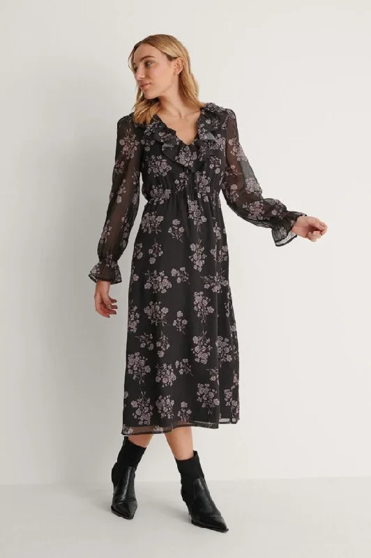 Frill V-Neck Midi Dress Elegant Velvet Midi Dress