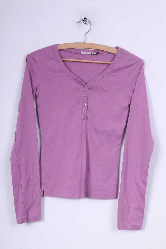 Gas Jeans Womens S Shirt Lilac Long Sleeve V Neck Cotton Popper Button Stylish Round Neck Shirt