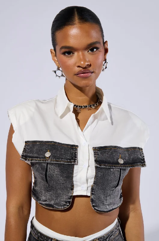 GET IT RIGHT CROPPED BUTTON DOWN SHIRT Fashionable Cuffed Short Sleeve