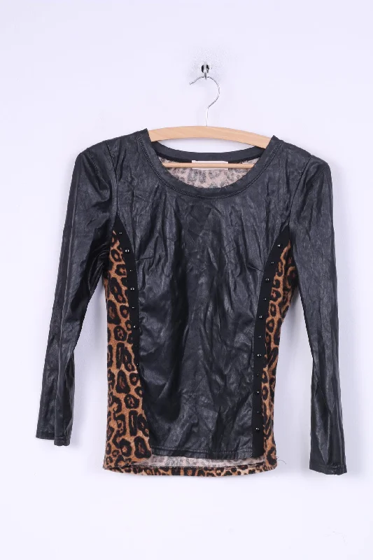 Giorgia Womens S Shirt Black Animal Leopard Print Imitation Leather Party Comfortable Stretch Short Shirt