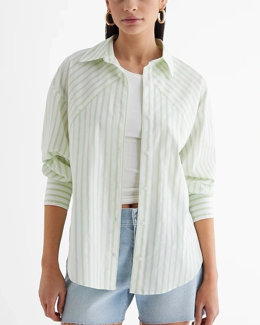 STRIPED BOYFRIEND SHIRT Trendy Turtleneck Short Shirt