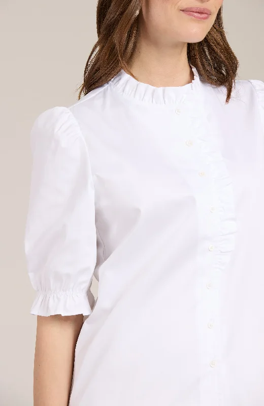 Gwen Ruffle Collar Shirt - White Comfortable Pocket Short Shirt