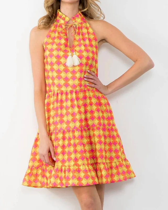 Halter Midi Dress In Yellow Mixed Stylish Button-Down Midi Dress