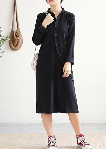 Handmade black Cotton Tunics lapel asymmetric Midi Dress Trendy Mock Neck Midi Dress