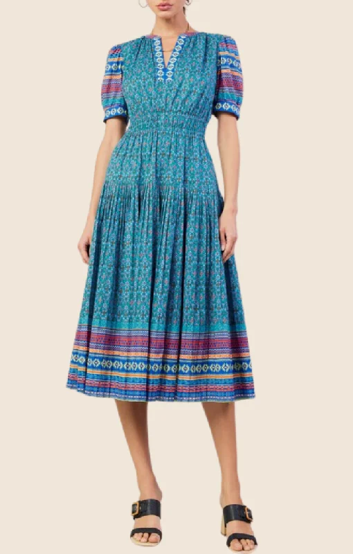 Helena Blue Multi Midi Dress Comfortable Casual Midi Dress