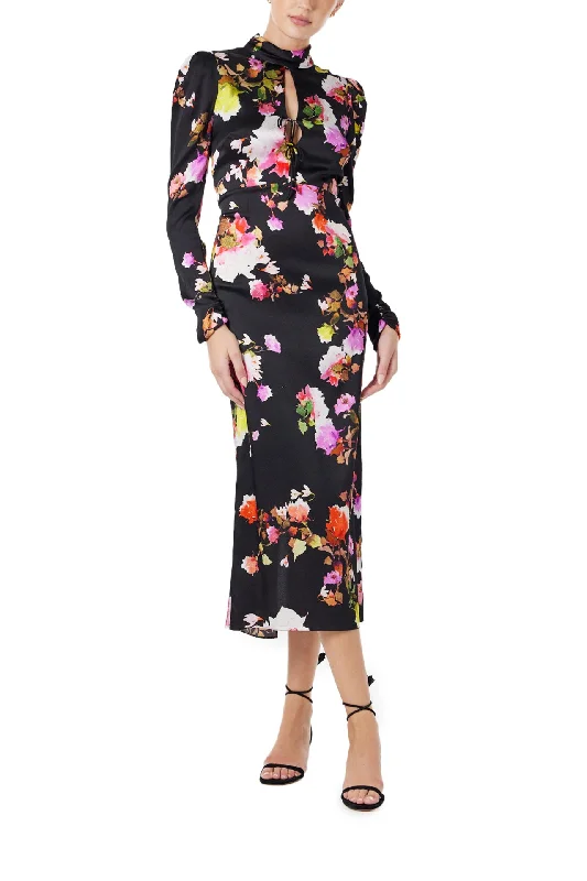 High Neck Floral Midi Dress Elegant Velvet Midi Dress