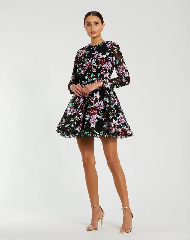 High Neck Long Sleeve Sequin A Line Mini Dress Elegant Tulle Mini Dress